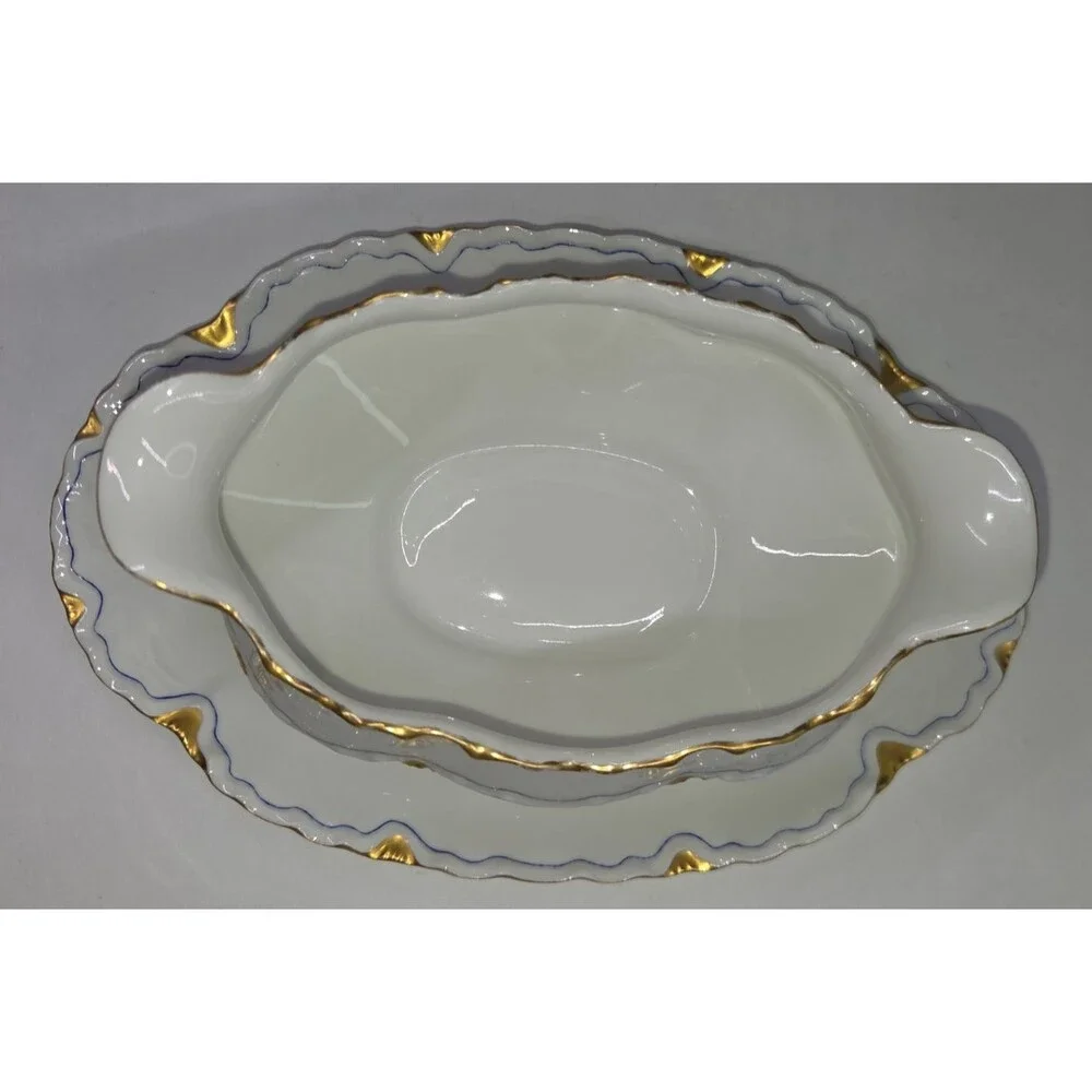 Antique Haviland Limoges Gravy Boat With Attached Under Plate Gold Blue France
